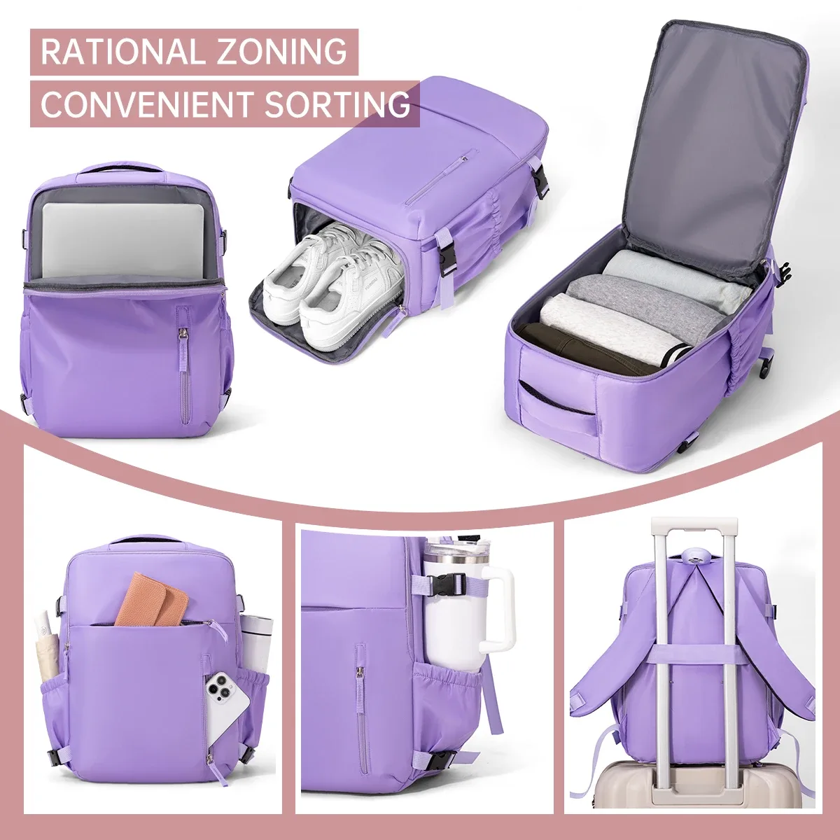 sac à dos de voyage, sac à dos de grande capacité, sac à dos léger pour voyages d'affaires pour femmes, sac multifonctionnel pour ordinateur à ouverture et fermeture à 180 degrés pour hommes