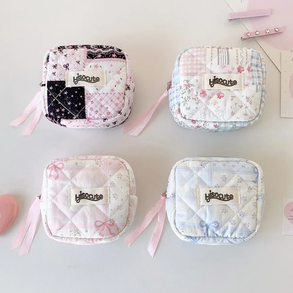 nouvelle trousse de maquillage carrée matelassée avec nœud, sac de voyage portable pour fille, sac d'hygiène en coton, sac de rangement cosmétique, cadeau d'anniversaire pour femme