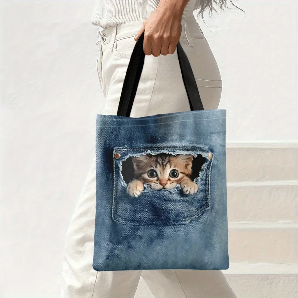 sac de rangement avec motif de chat qui fait la curieuse dans une poche de jean, sac à main mignon avec motif 