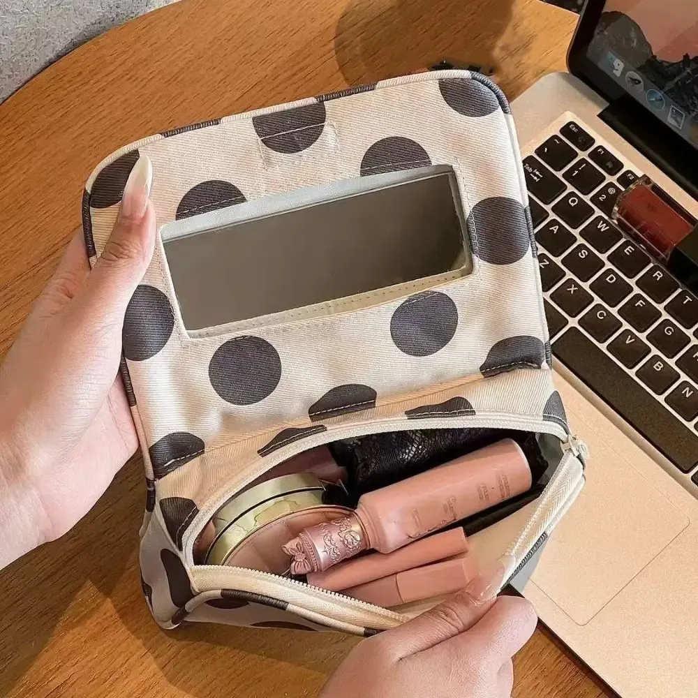 sac à cosmétiques portable en toile à pois, grande capacité, sac de rangement pour bijoux à rayures, sac à maquillage multifonctionnel simple en toile, sac de voyage