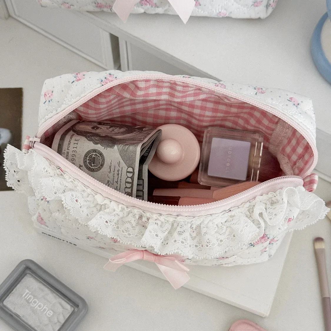 gros fleur femmes dentelle petit sac de maquillage organisateur de voyage sac à main cosmétique pochette filles mignon arc carré fermeture éclair portefeuille sacs