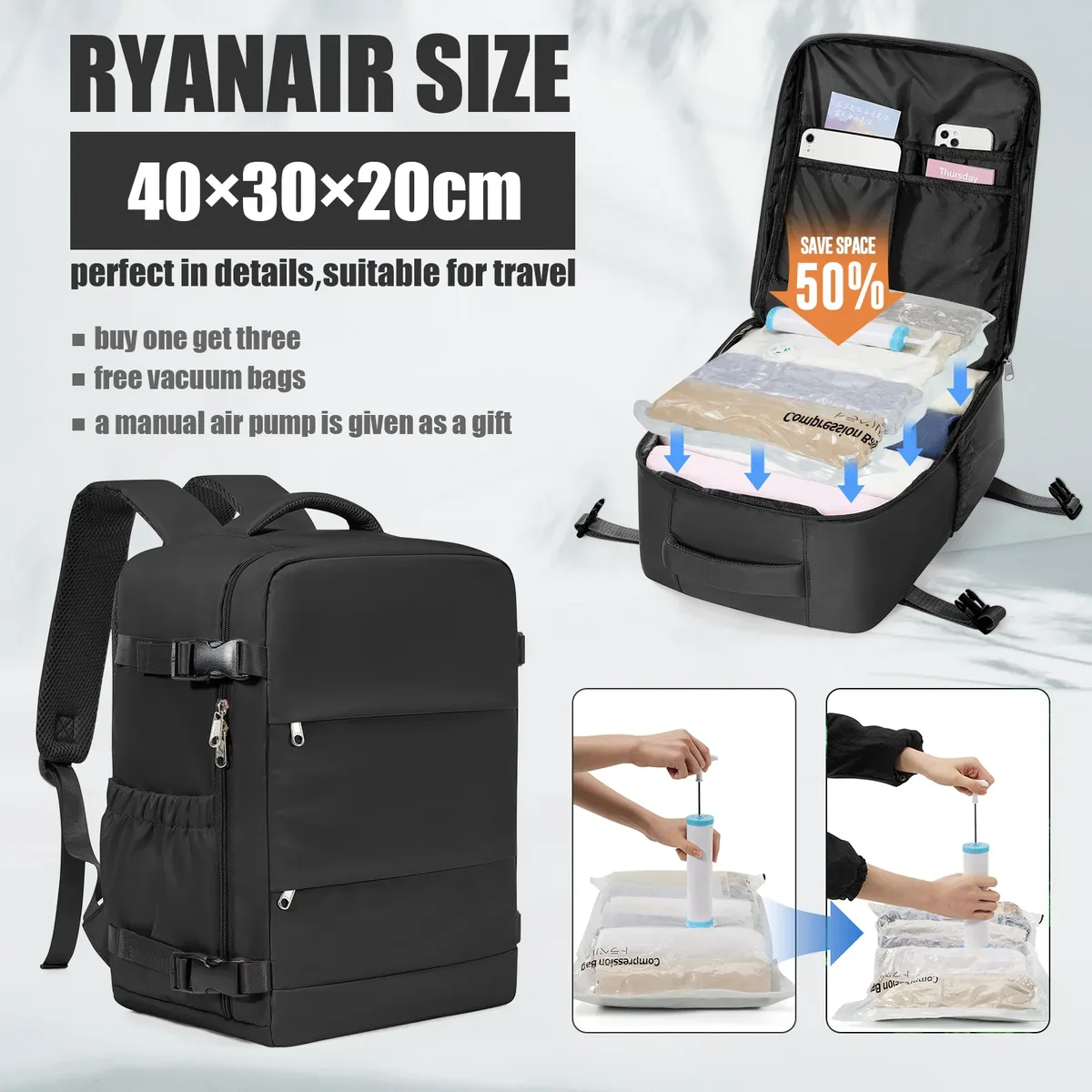 ryanair cabin bags 40x30x20 sac à dos de voyage sous le siège, sac sous vide sac polochon de voyage, sac à dos de banlieue extérieur décontracté à main