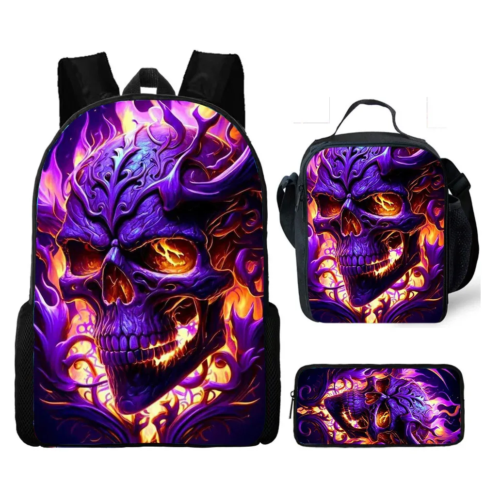 vente chaude crâne sac à dos trois pièces ensemble imprimé école primaire et secondaire sac à dos repas sac porte-crayon