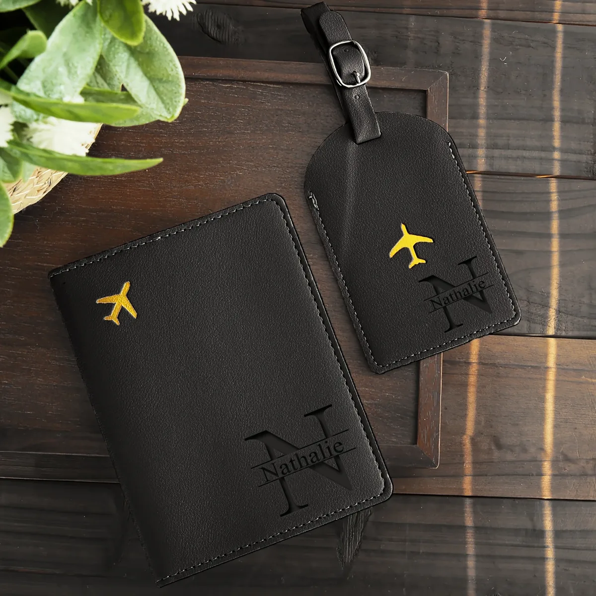 ensemble de porte-passeport et d'étiquette à bagages en similicuir pu personnalisable avec gravure au laser, bouton-pression, essentiels de voyage