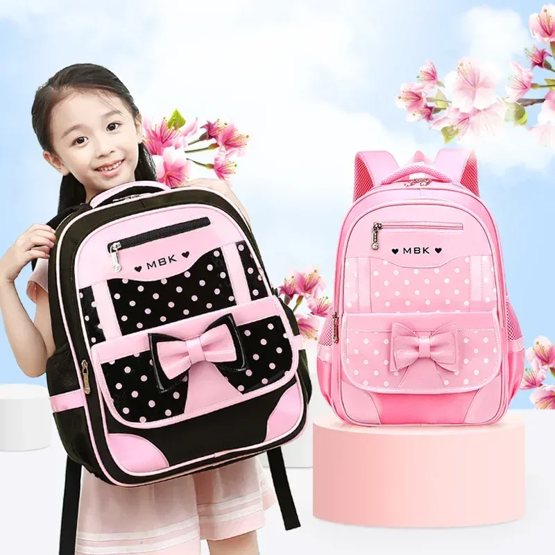 sac à dos scolaire léger pour filles de 6 à 12 ans, sac à dos élémentaire mignon à pois avec nœud et bretelles ergonomiques rembourrées