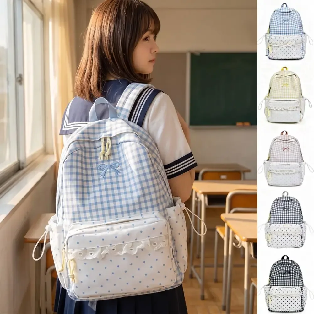 Sac à dos Y2K à pois doux, motif écossais, avec garniture en dentelle minimaliste, grande capacité, durable, avec nœud, pour les trajets quotidiens