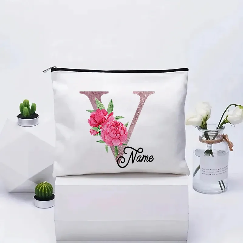 trousse de maquillage personnalisable avec prénom, cadeau de mariage, grande pochette en toile à fermeture éclair, motif floral pivoine, essentiels de voyage, maquillage