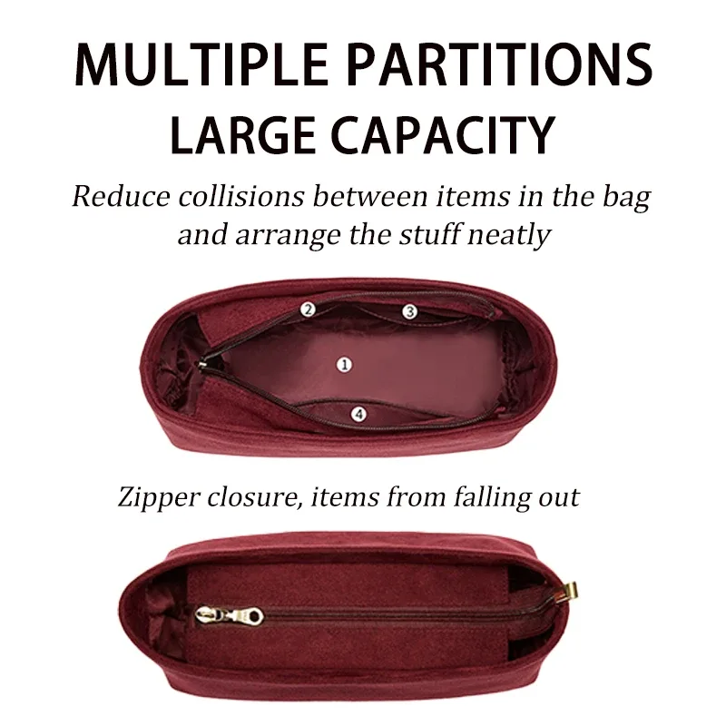 organisateur de sac en velours doux, insert rouge assorti pour sac de transport, doublure intérieure résistante à la décoloration, maintient la forme du sac, rangement tridimensionnel et soigné