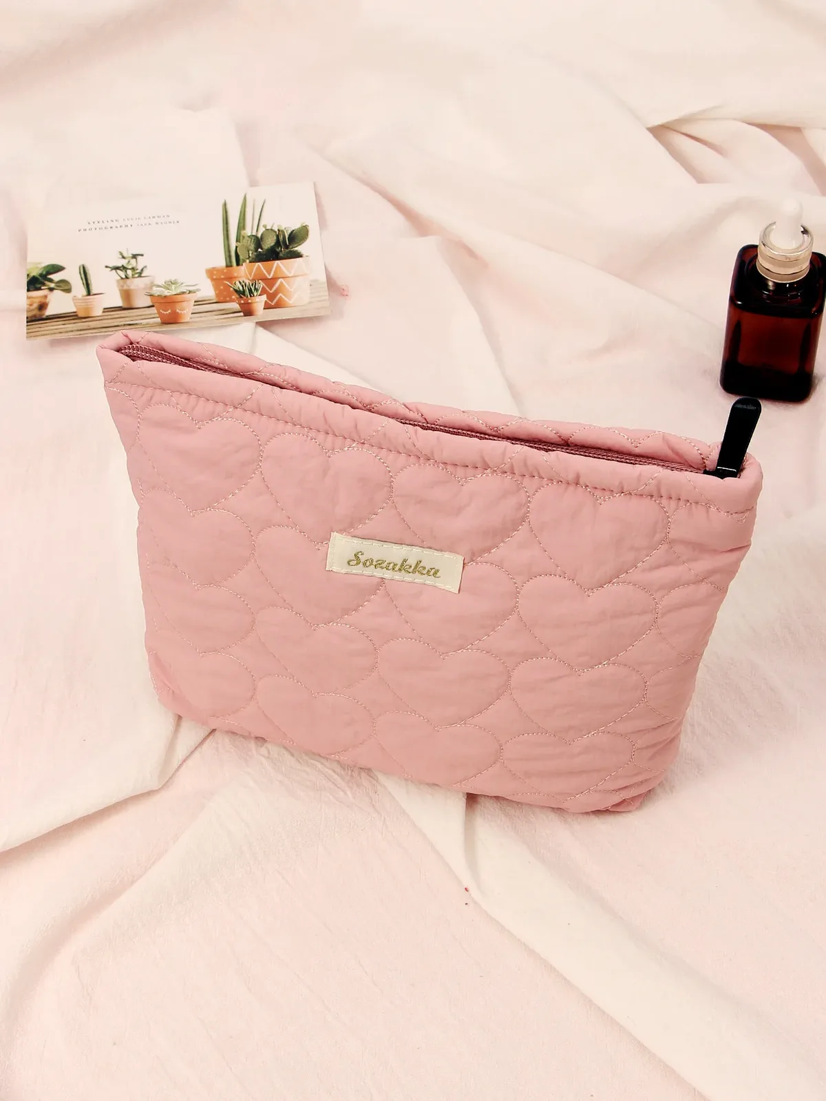 sac de maquillage matelassé en forme de cœur pour femmes, macaron, grande capacité, mignon, pochette de rangement de cosmétiques, sac à main de voyage