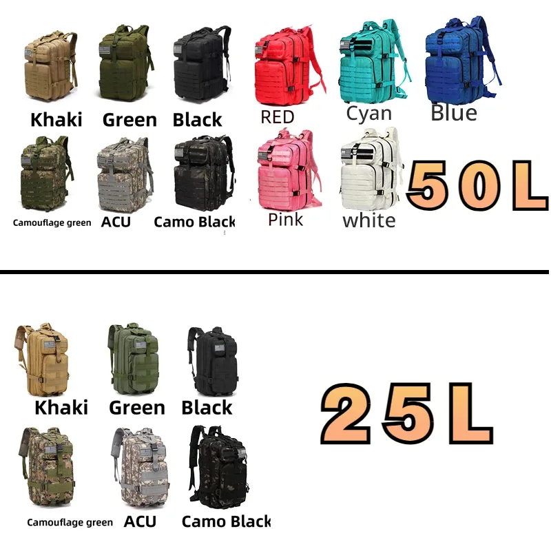 25l/50l robuste en nylon imperméable à l'eau tactique sport trekking pêche chasse camping randonnée sac à dos sacs à dos en plein air