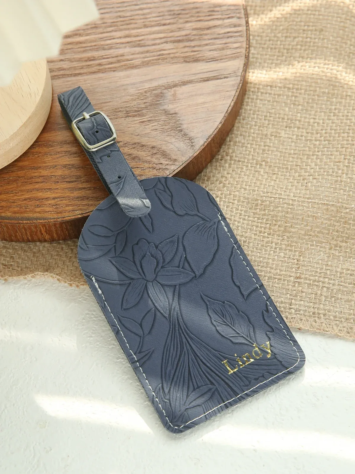 1 étiquette de bagage personnalisée avec nom gravé pour valises, motifs floraux, en cuir végétalien, avec carte nominative confidentielle