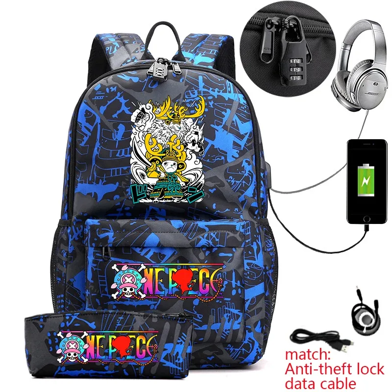sac à dos antivol pour étudiants avec imprimé tony chopper, avec trousse à crayons, sac à dos décontracté pour garçons, filles et adolescents