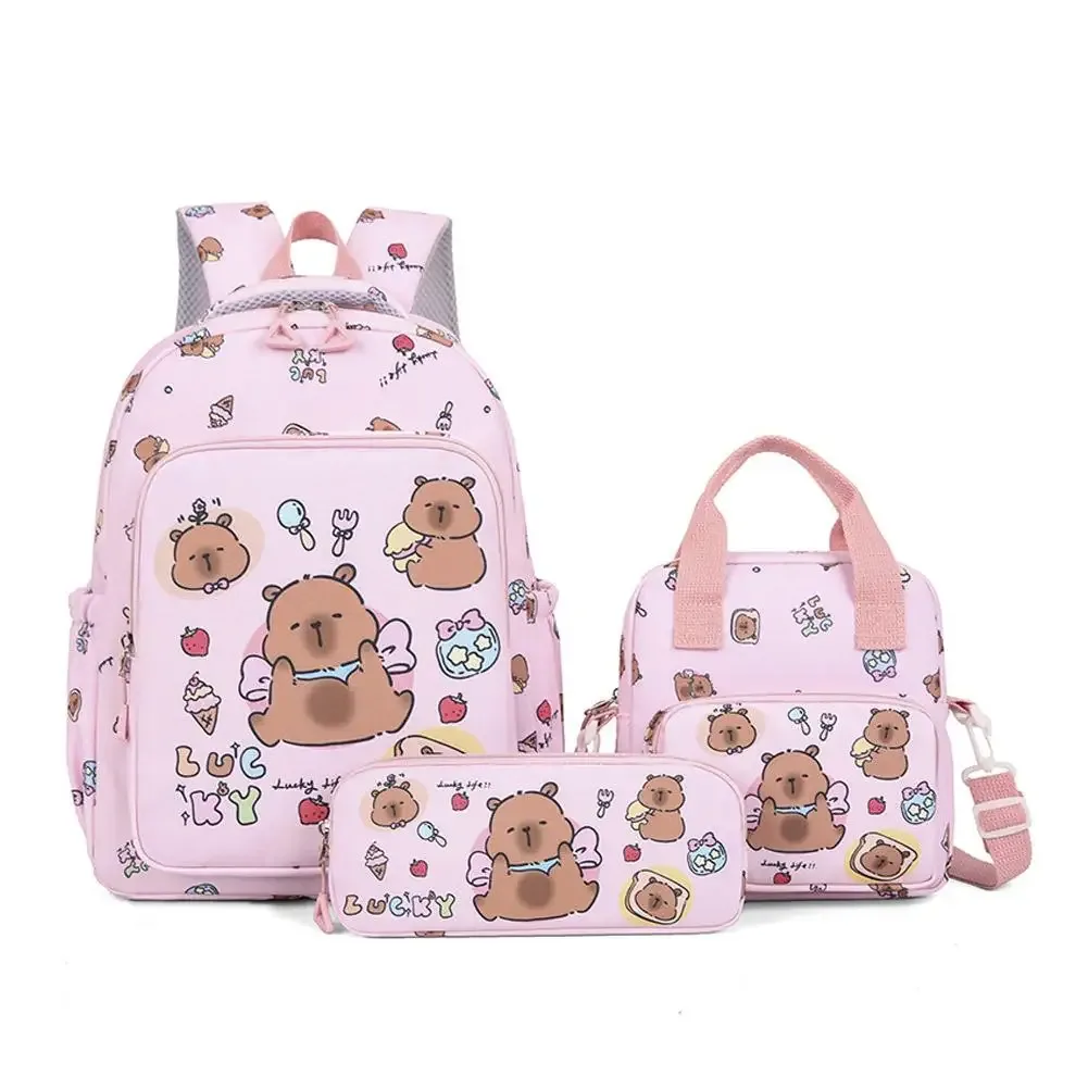 3 pièces/ensemble kawaii capybara sac à dos grande capacité dessin animé adolescent mode nylon léger sac à dos ensemble