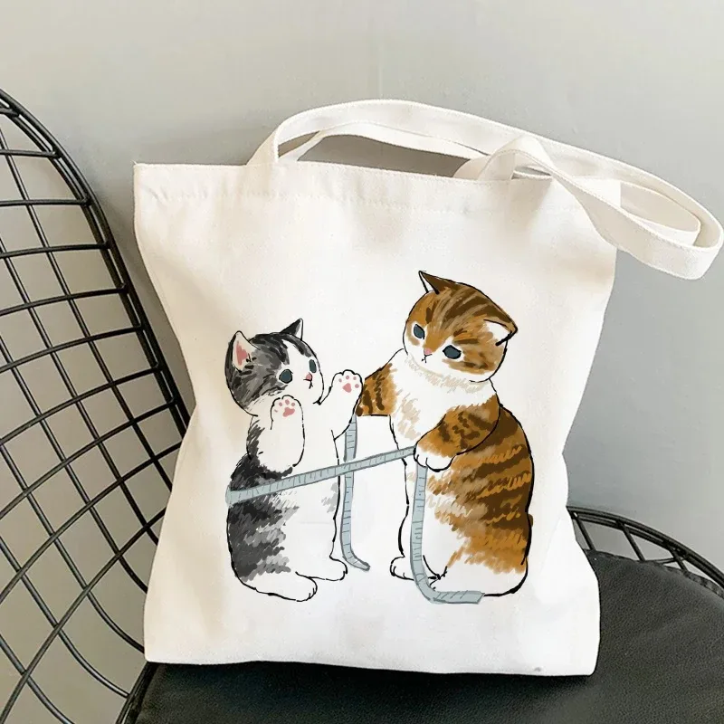 sac kawaii sac blanc sacs porté épaule sacs à provisions sacs à bandoulière en toile pour filles, sac de shopping à la mode, kawaii chats animaux mignons, sac de shopping, fourre-tout décontracté