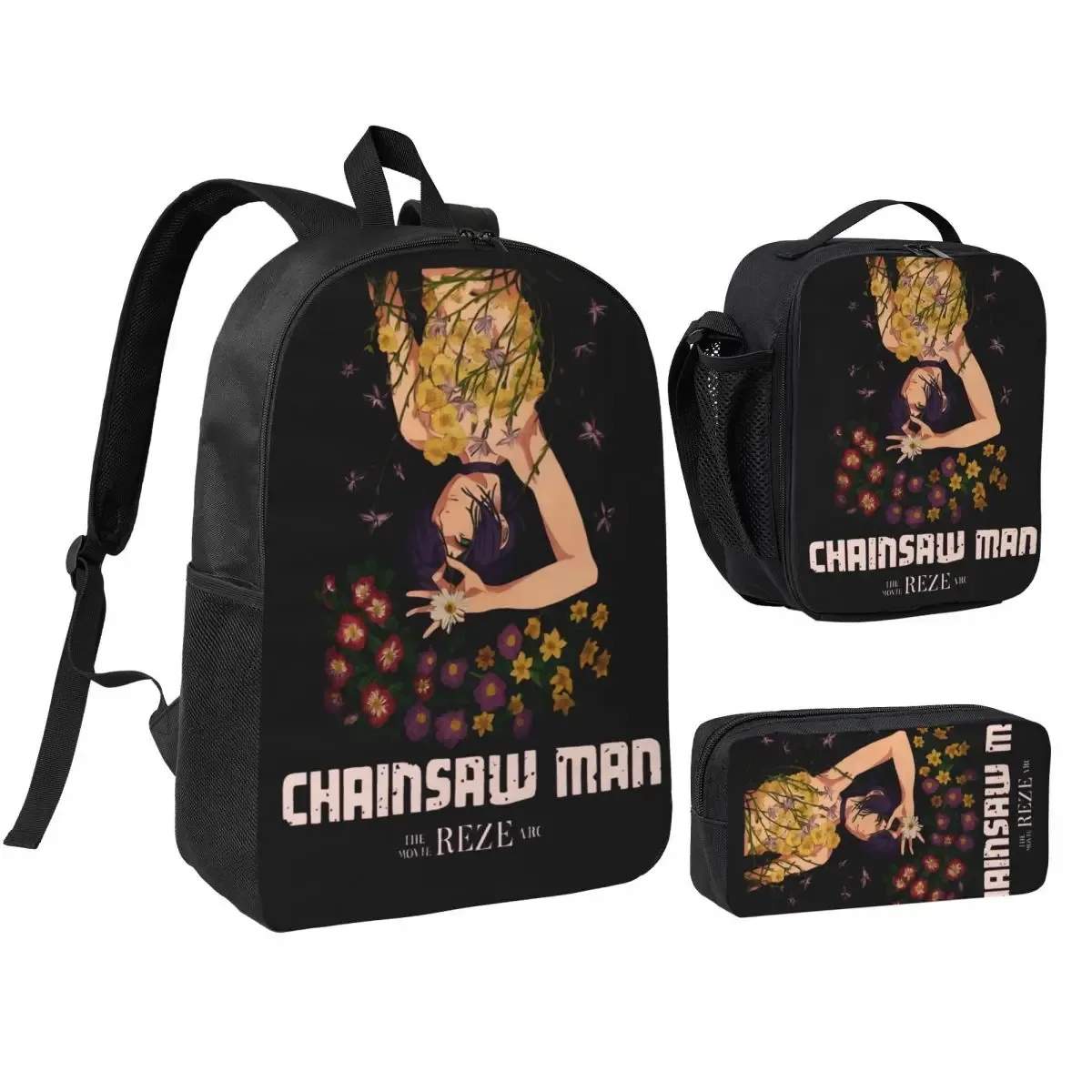 anime tronçonneuse homme 3pecs/ensemble sac à dos pour étudiant ordinateur portable sac à bandoulière sac à déjeuner trousse à crayons