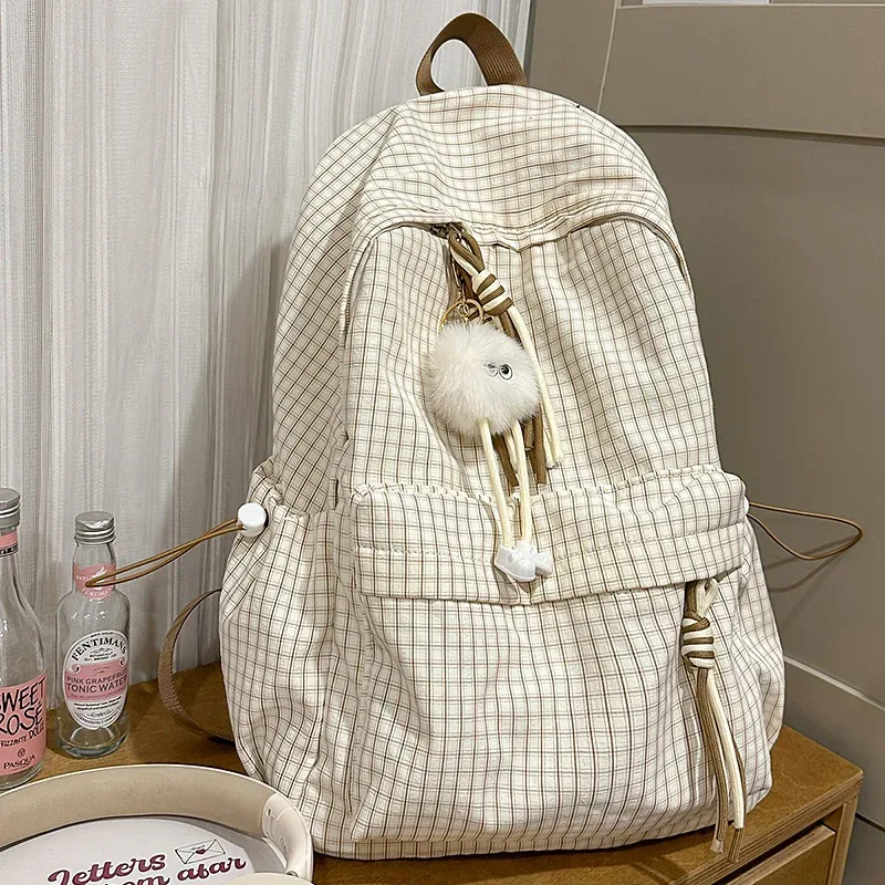 sac à dos pour femme style campus, motif écossais simple, grande capacité, décontracté, pour voyage, sac à double bandoulière en nylon, style frais et doux