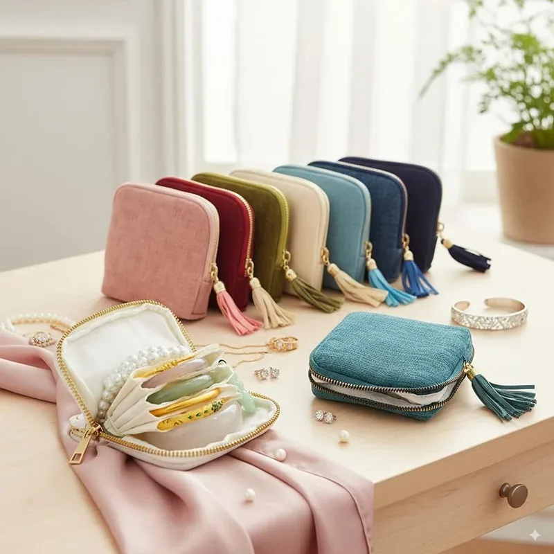 Sac de rangement pour bijoux exquis avec pendentif pompon, pochette zippée pour bagues, grande capacité, sac de voyage pour bracelets en cristal