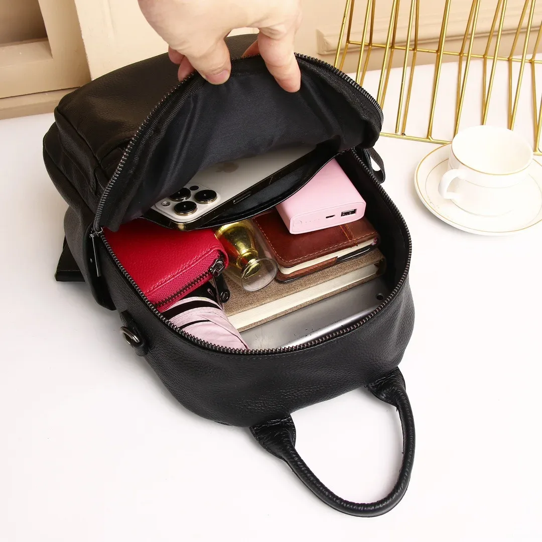sac à dos en cuir véritable noir pour femme, sac à dos décontracté pour femme, antivol, sac de voyage initié, motif solide, sac à dos scolaire pour fille