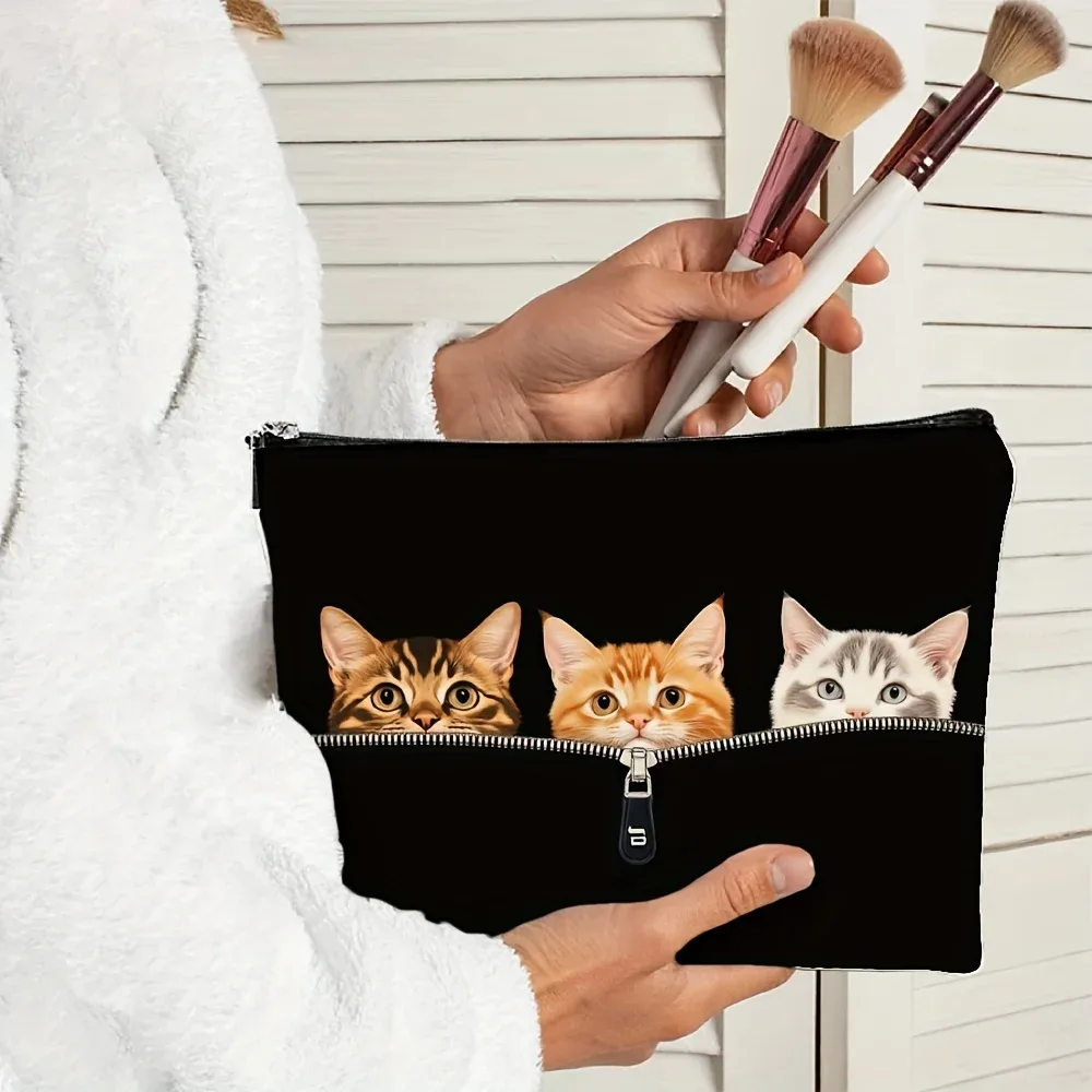 sac de maquillage à imprimé chat mignon - pochette multifonctionnelle à fermeture éclair, sac de rangement pour bijoux, petit sac de rangement de voyage à fermeture éclair parfait.
