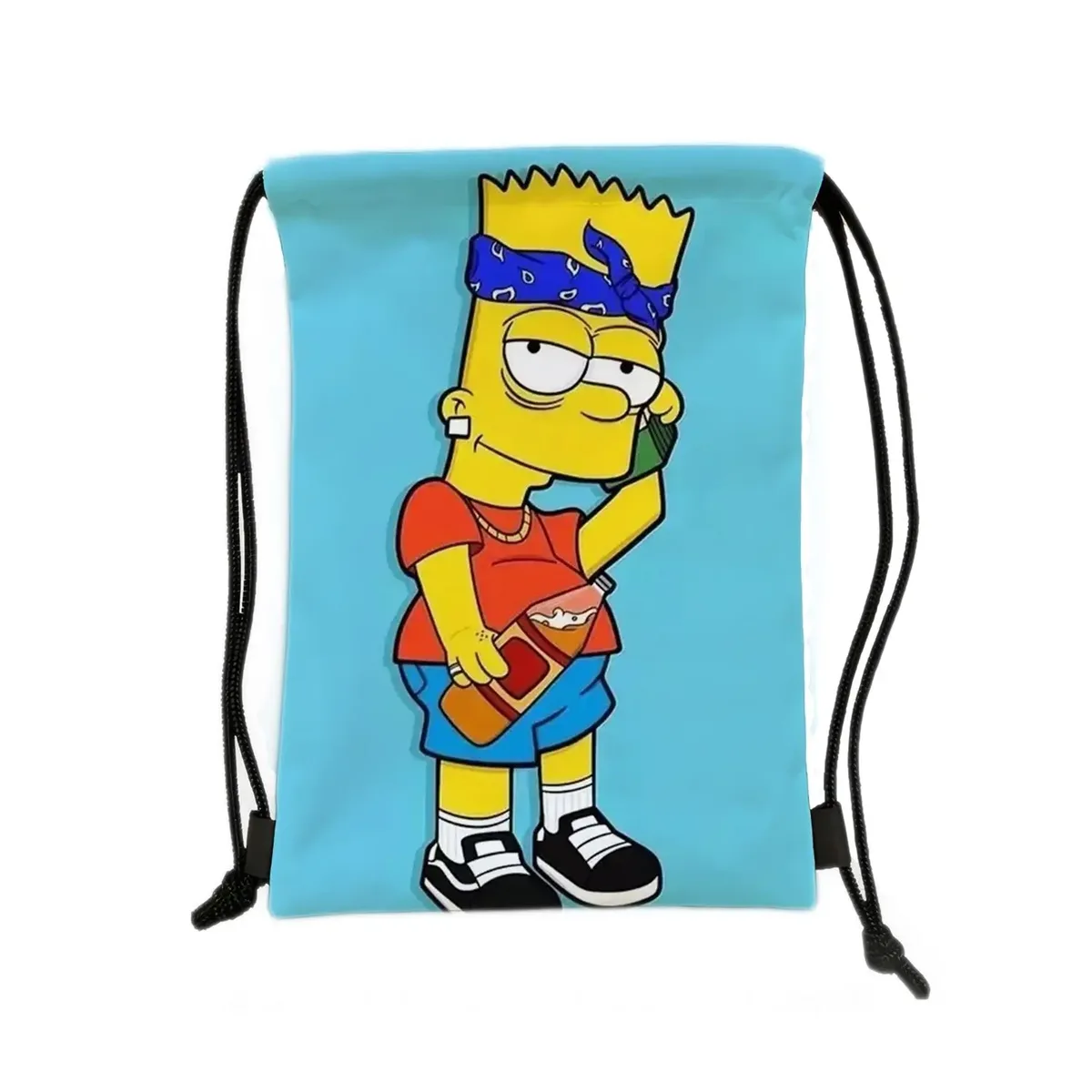 sac à dos de sport à cordon de serrage avec personnage jaune de dessin animé, imprimé garçon sur skateboard, sac de rangement portable pour voyage et shopping
