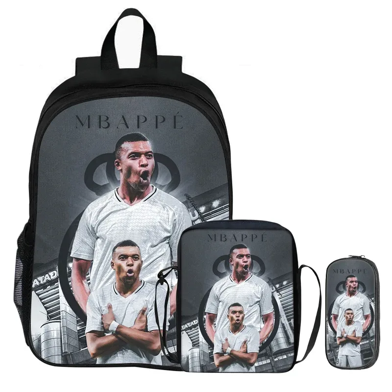 m-mbappe – ensemble de 3 pièces pour enfants, sac à dos pour étudiants, sac à bandoulière pour l'école, sacs à crayons, sac à livres, sac à dos de star du football, meilleur cadeau