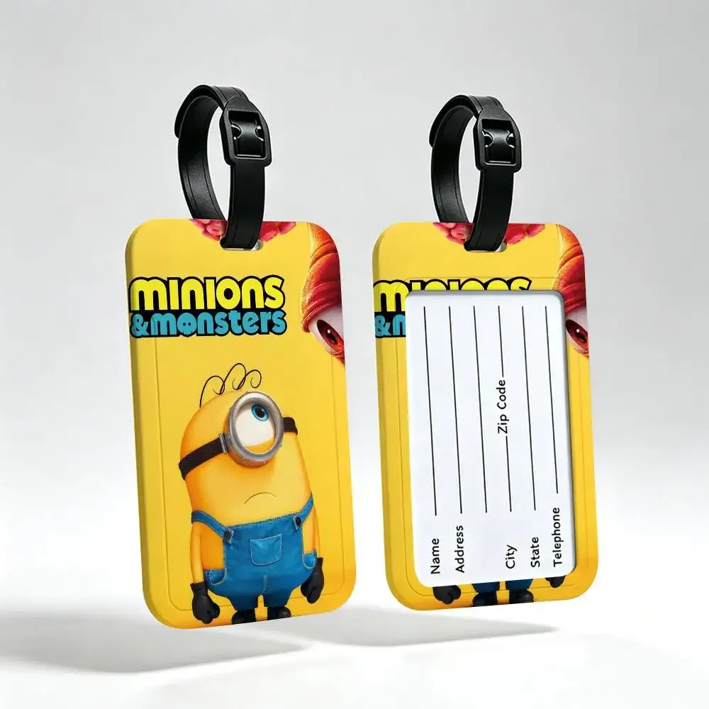 étiquette de bagage de voyage m-minions amusante et mignonne, couverture de carte d'information en pvc, marqueur de nom anti-perte pour sac à dos.