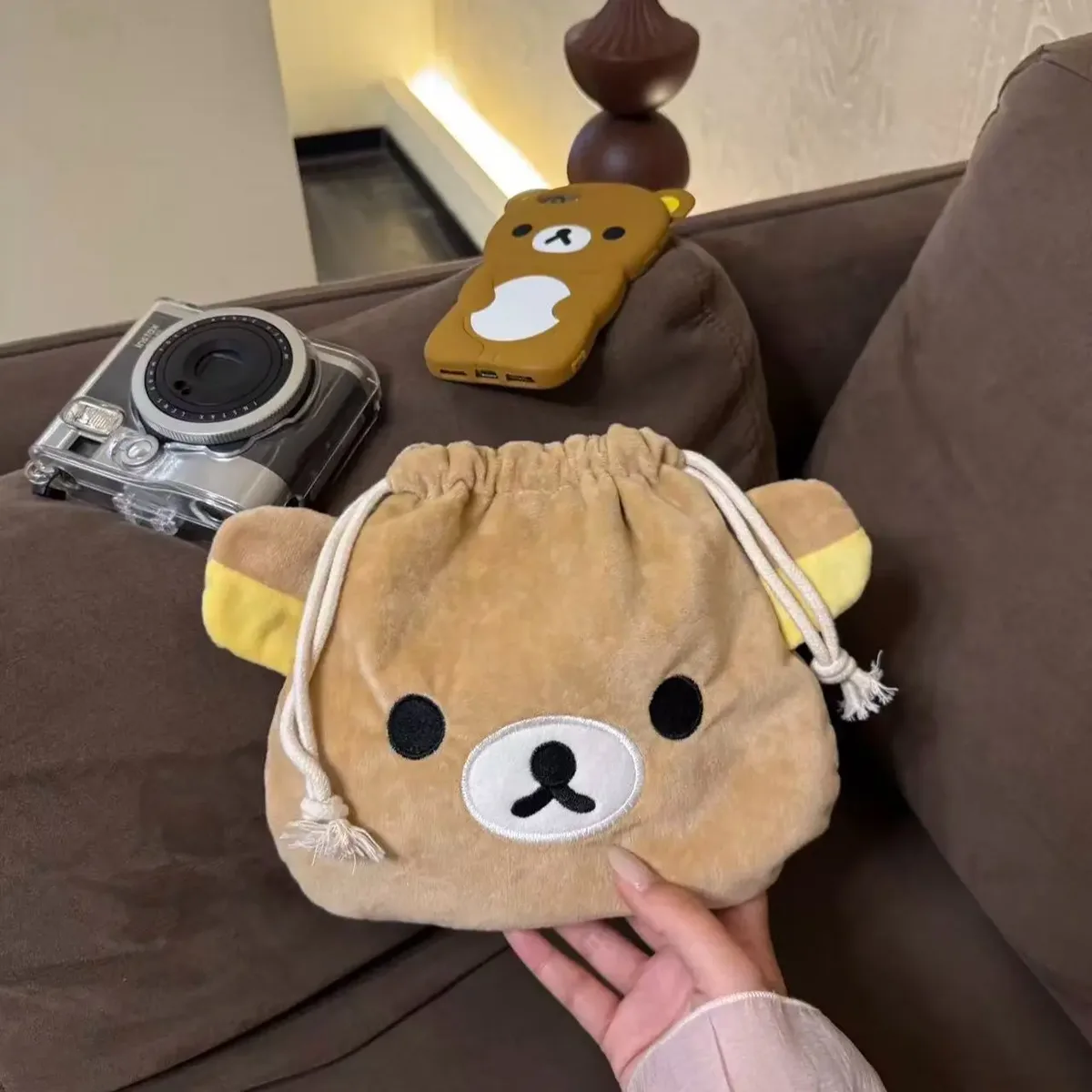 sac à cordon avec motif d'ours de dessin animé, pochette à cosmétiques de grande capacité, étui de rangement portable pour câbles usb, bijoux, pinceaux de maquillage