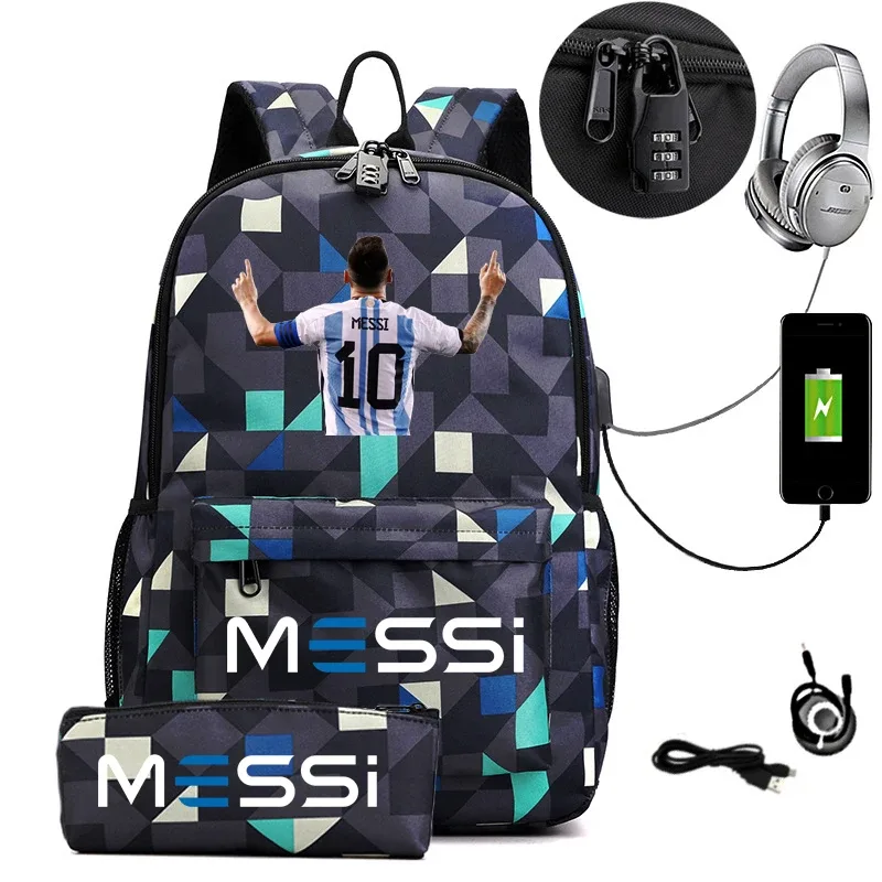 sac à dos usb cr7 pour femmes et hommes, sac à dos de voyage décontracté anti-vol, sacs d'école pour adolescents avec capacité pour ordinateur portable, avec trousse à crayons, 2 pièces