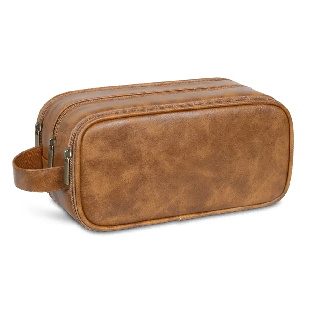 trousse de toilette de voyage pour hommes en cuir résistante à l'eau avec poignée, organisateur polyvalent pour articles de toilette, trousse de toilette personnalisable avec logo, kit dopp
