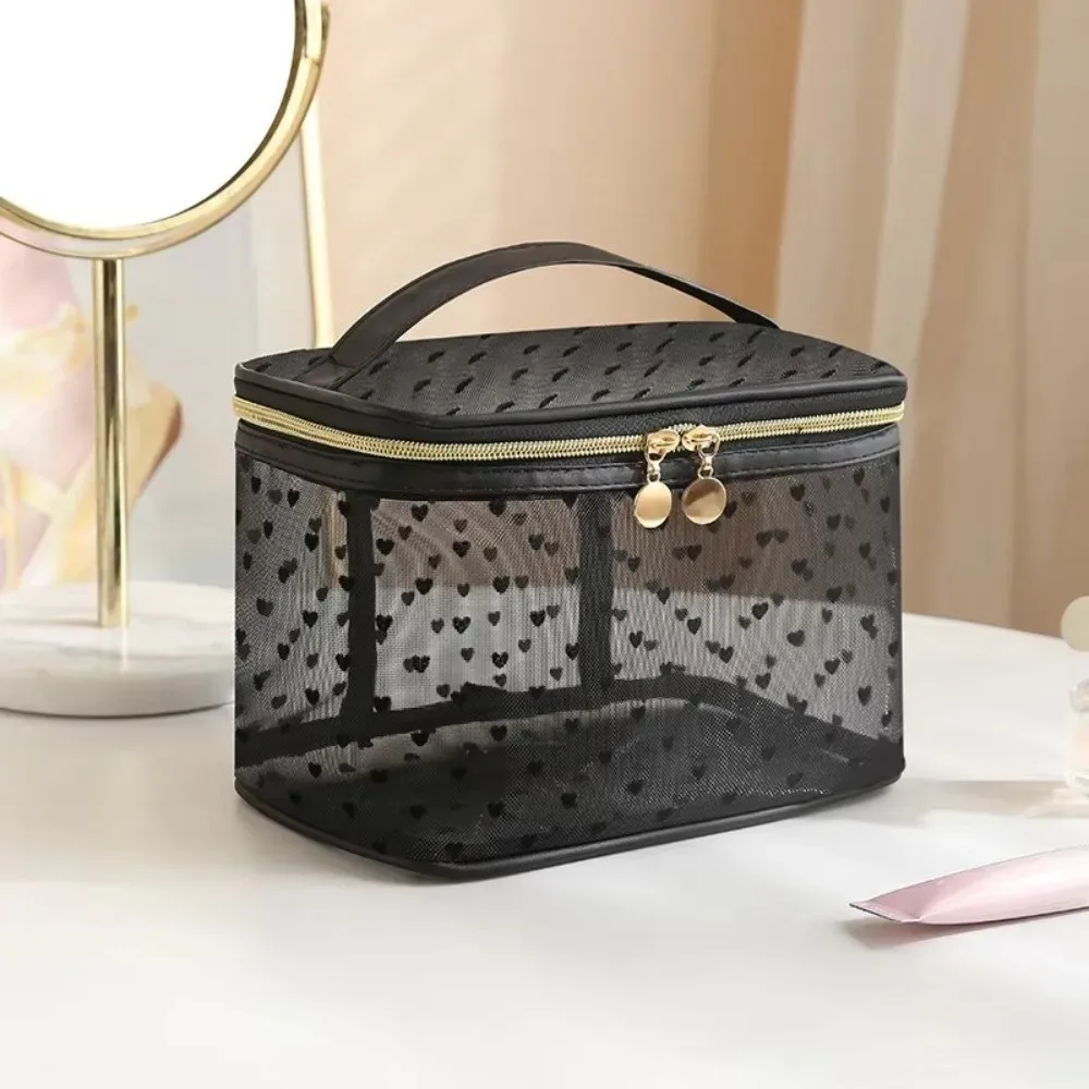 sac à cosmétiques en maille noire, double couche, grande capacité, pochette de rangement, fermeture éclair, sacs de toilette portables