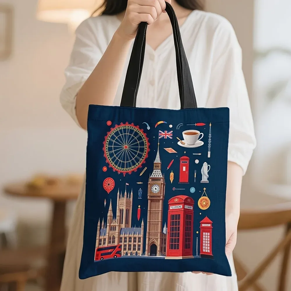 sac fourre-tout d'épicerie réutilisable pour femmes, design sur le thème de londres, big ben, cabines téléphoniques rouges, union jack, sac de courses en polyester de grande capacité