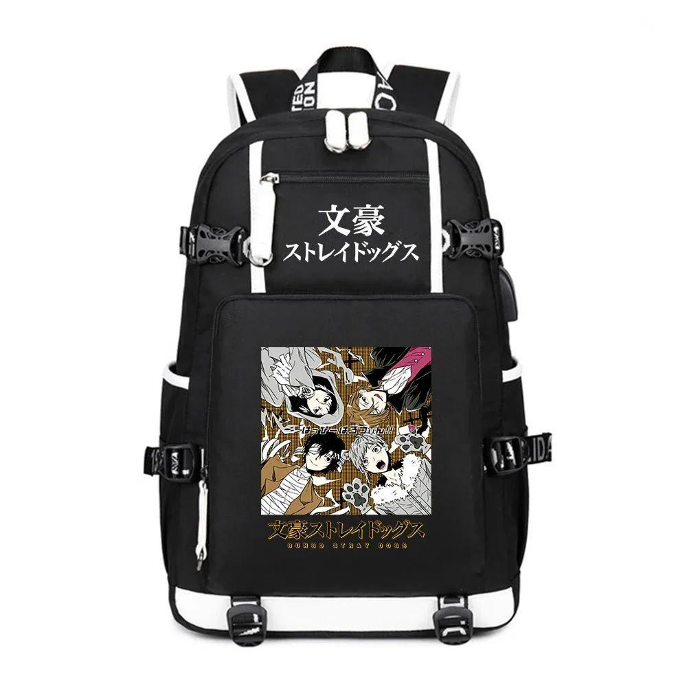 sac à dos de voyage bungo stray dogs oxford pour hommes, grands sacs d'école, cartable anime, chargement usb, sac à dos pour ordinateur portable, sacs initiés noirs