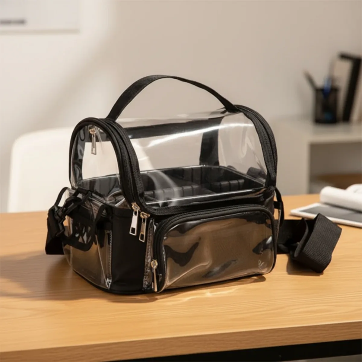 Trousse de maquillage avec séparateurs réglables, organiseur de cosmétiques transparent portable pour les voyageurs, comptoir de salle de bain