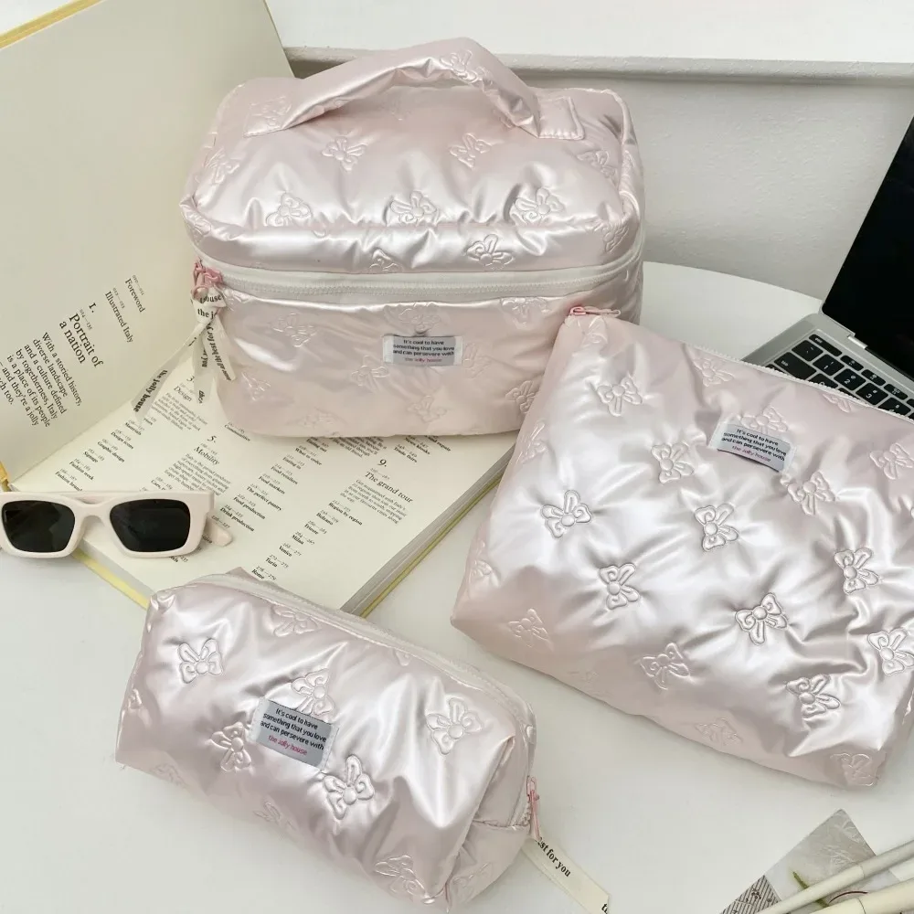 sac à cosmétiques en matériau pu, avec décoration en nœud, compartiment de rangement, trousse de toilette, sac à main multifonction à fermeture éclair, sac à maquillage, essentiel pour les voyages