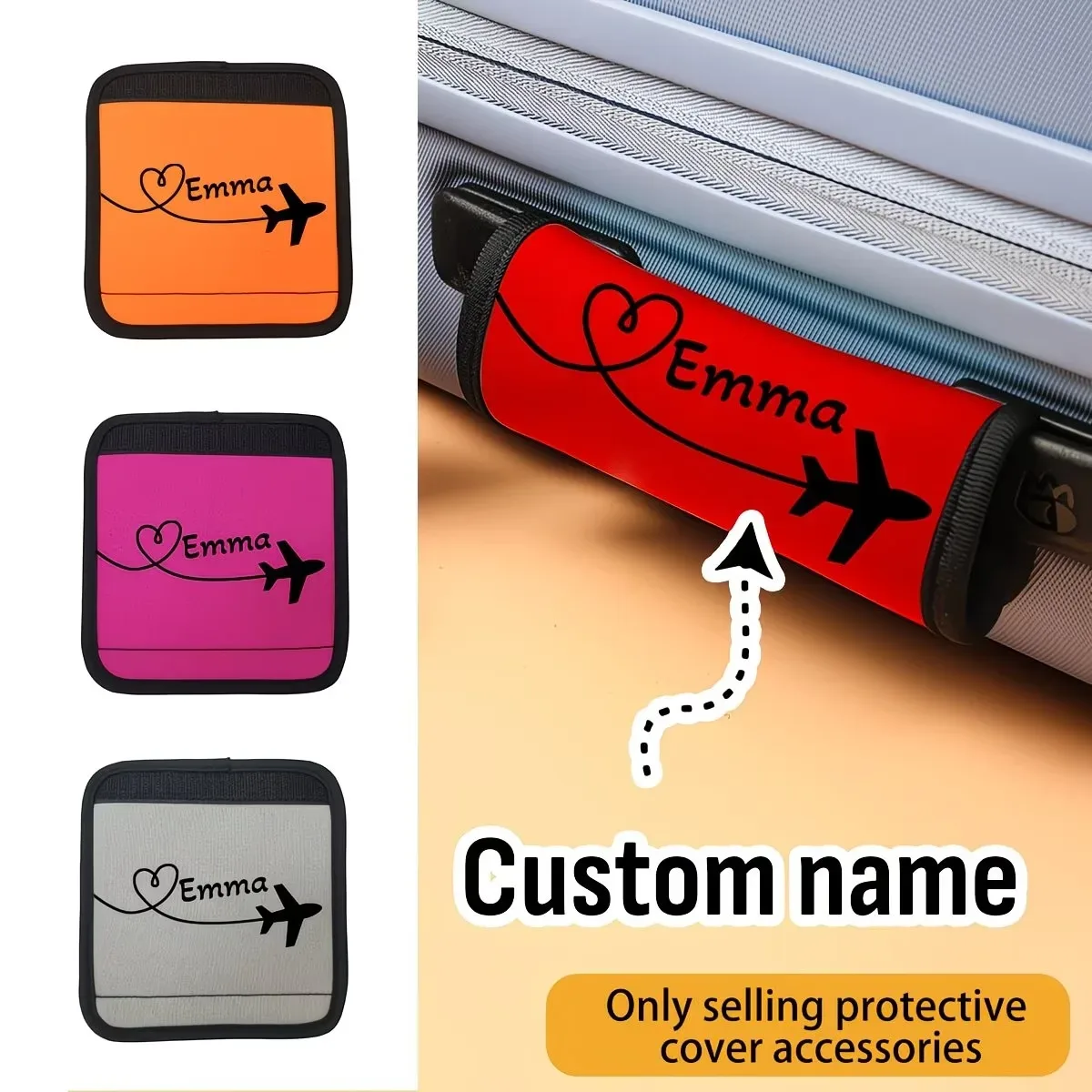 Housse personnalisée, Housse de protection pour poignée de bagage à motif cœur d'avion, Housse de protection pour poignée de bagage avec texte personnalisé, Cadeau de vacances personnalisé
