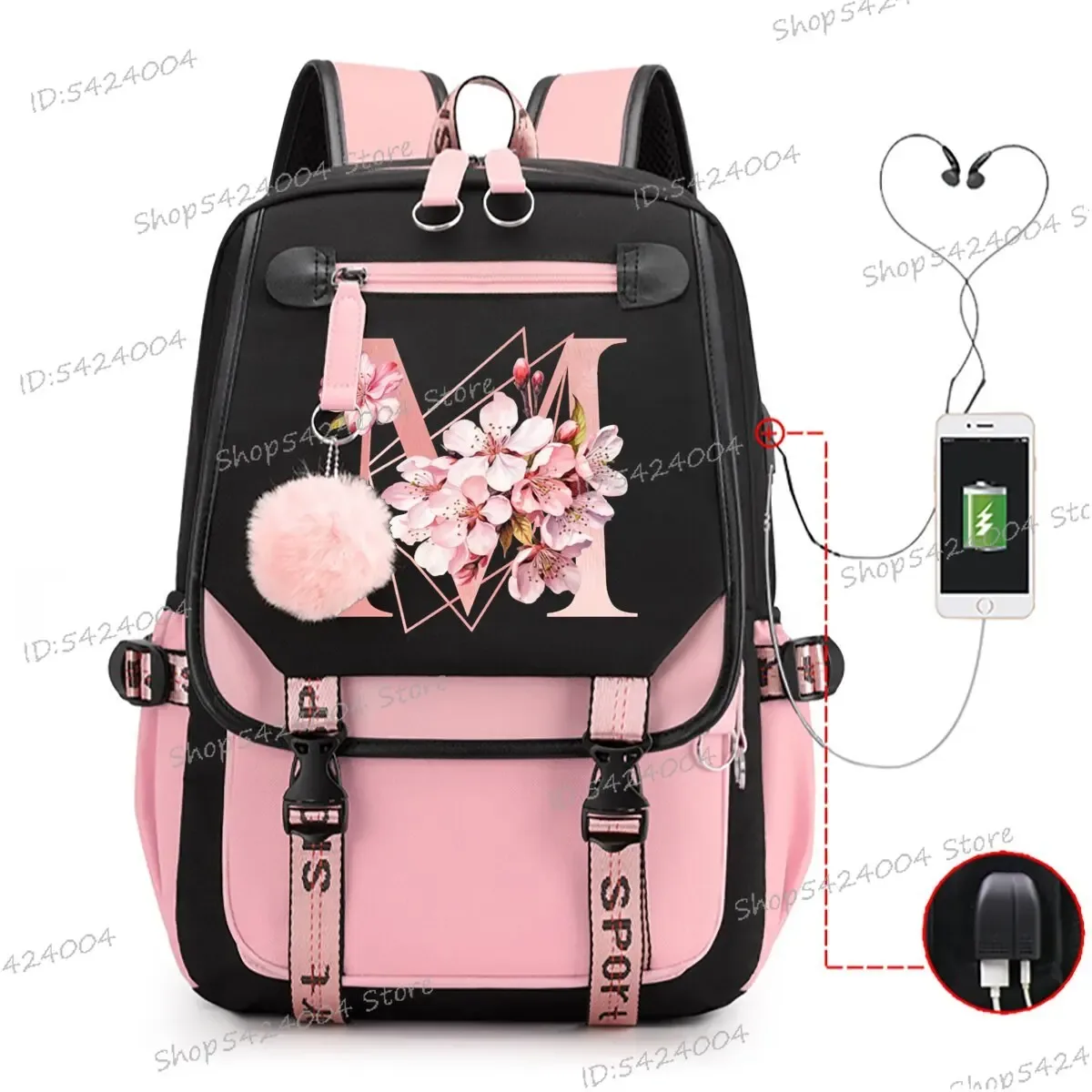 collège étudiants sacs d'école rose sakura lettres r mode voyage sac à dos adolescentes noir rose cartable a-z dessin animé cartable