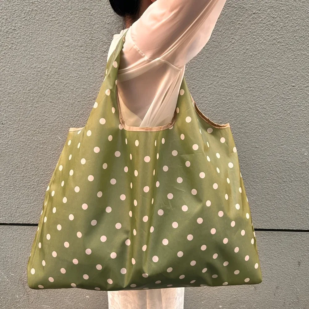 sac fourre-tout pliable à pois, sac de shopping réutilisable en nylon léger, grande capacité, sac à main à bandoulière, pour voyage, pique-nique, courses et rangement