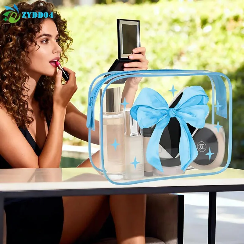 ● 1pcs pochette en nylon pvc imperméable à imprimé nœud mignon, sac à maquillage transparent, pochette zippée pour articles de toilette, sacs cosmétiques