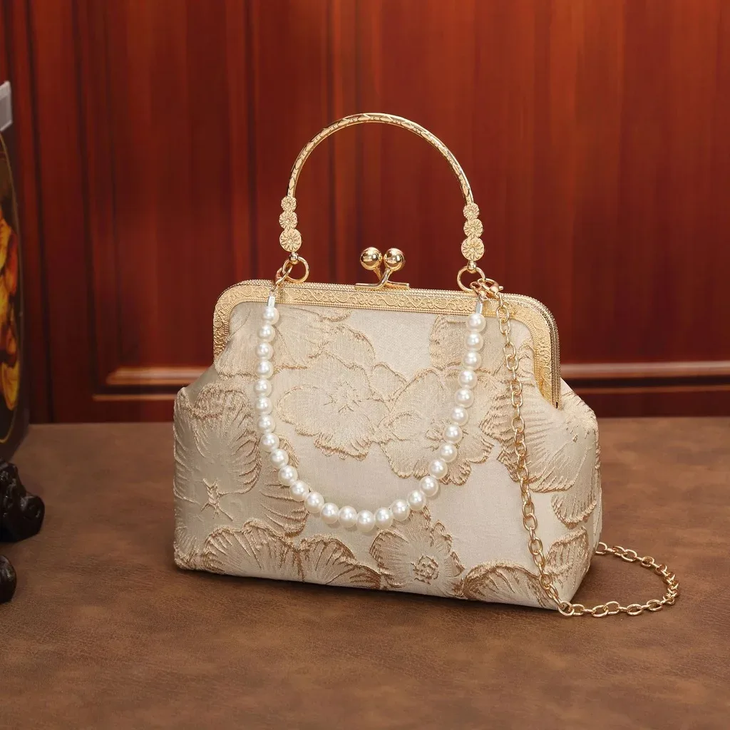 sac bandoulière en polyester, sac de soirée mi-souple, sac fourre-tout perlé, sac à main léger brodé de fleurs pour le voyage et les tenues cheongsam