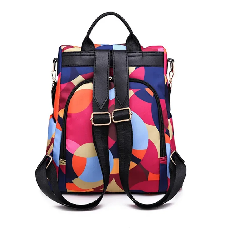sac à dos en tissu oxford pour femmes, motif circulaire coloré, imperméable, antivol, sacs à dos polyvalents pour voyage/école/usage quotidien