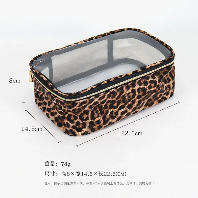 sac de maquillage transparent imprimé léopard, étanche, grande capacité, portable, rangement d'articles de toilette de voyage, organisateur de cosmétiques avec fermeture éclair