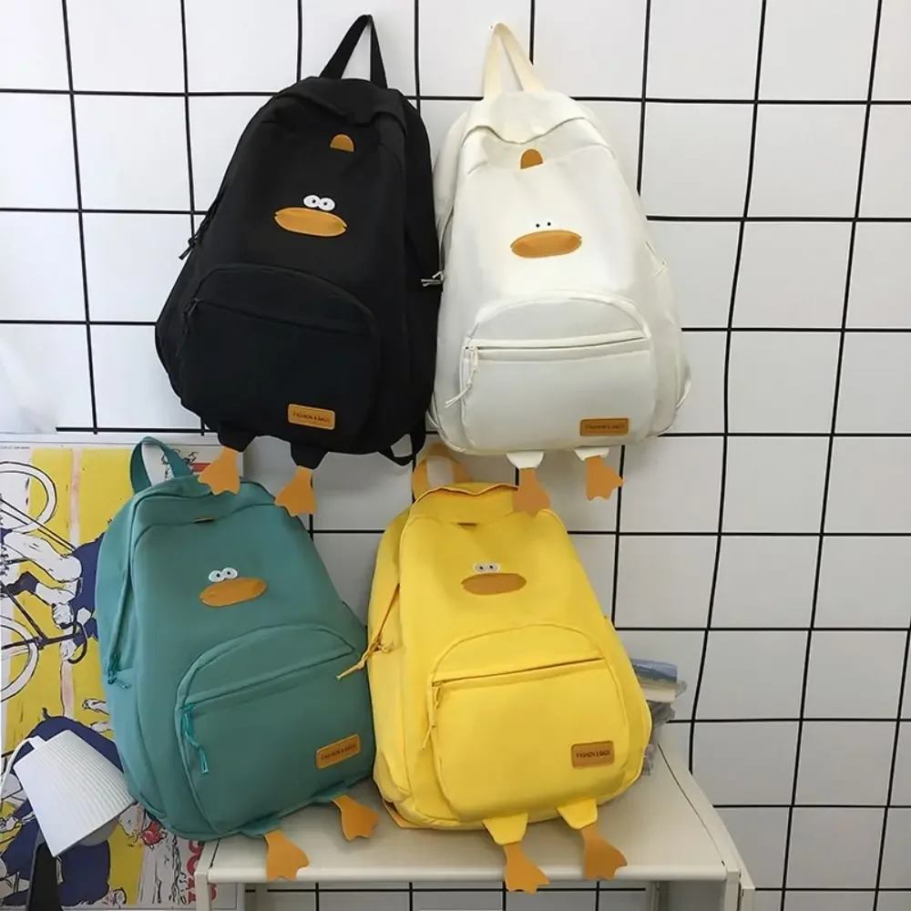 sac de voyage en nylon avec motif de canard de dessin animé, poches à 3 couches, grande capacité, sac à dos pour tout-petits, sac d'école à fermeture éclair pour étudiants, maternelle
