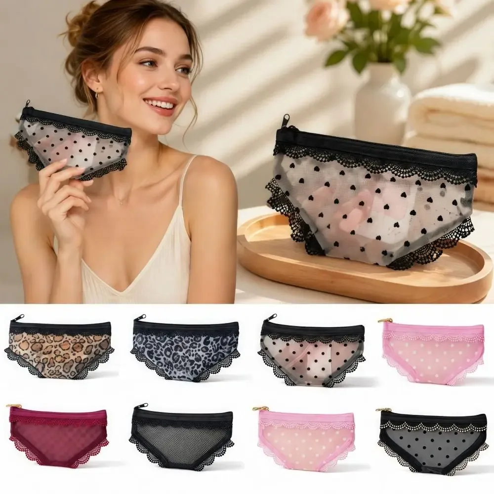 Pochette de rangement cosmétique unique en forme de cœur en dentelle transparente, trousse de toilette Y2K en maille pour le voyage
