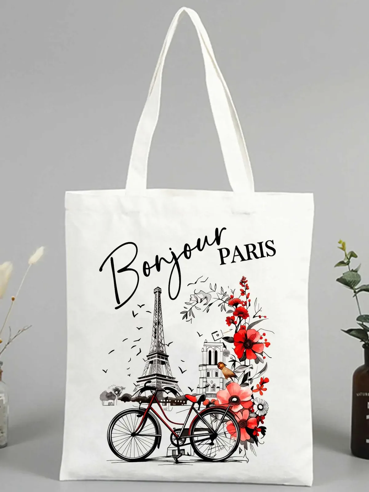 sac fourre-tout en toile avec imprimé floral et tour eiffel de paris, style vintage pour les courses quotidiennes et les sorties décontractées