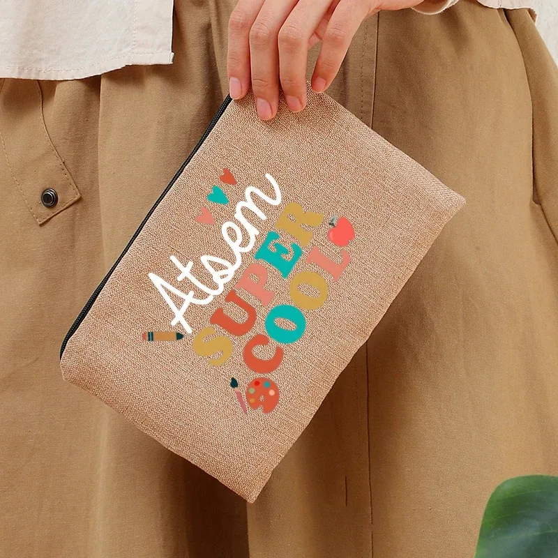 super atsem maitresse – trousse de toilette en lin, fermeture éclair, fournitures de bureau, trousse à crayons, portefeuille, sacs de maquillage polyvalents, cadeau pour les enseignants