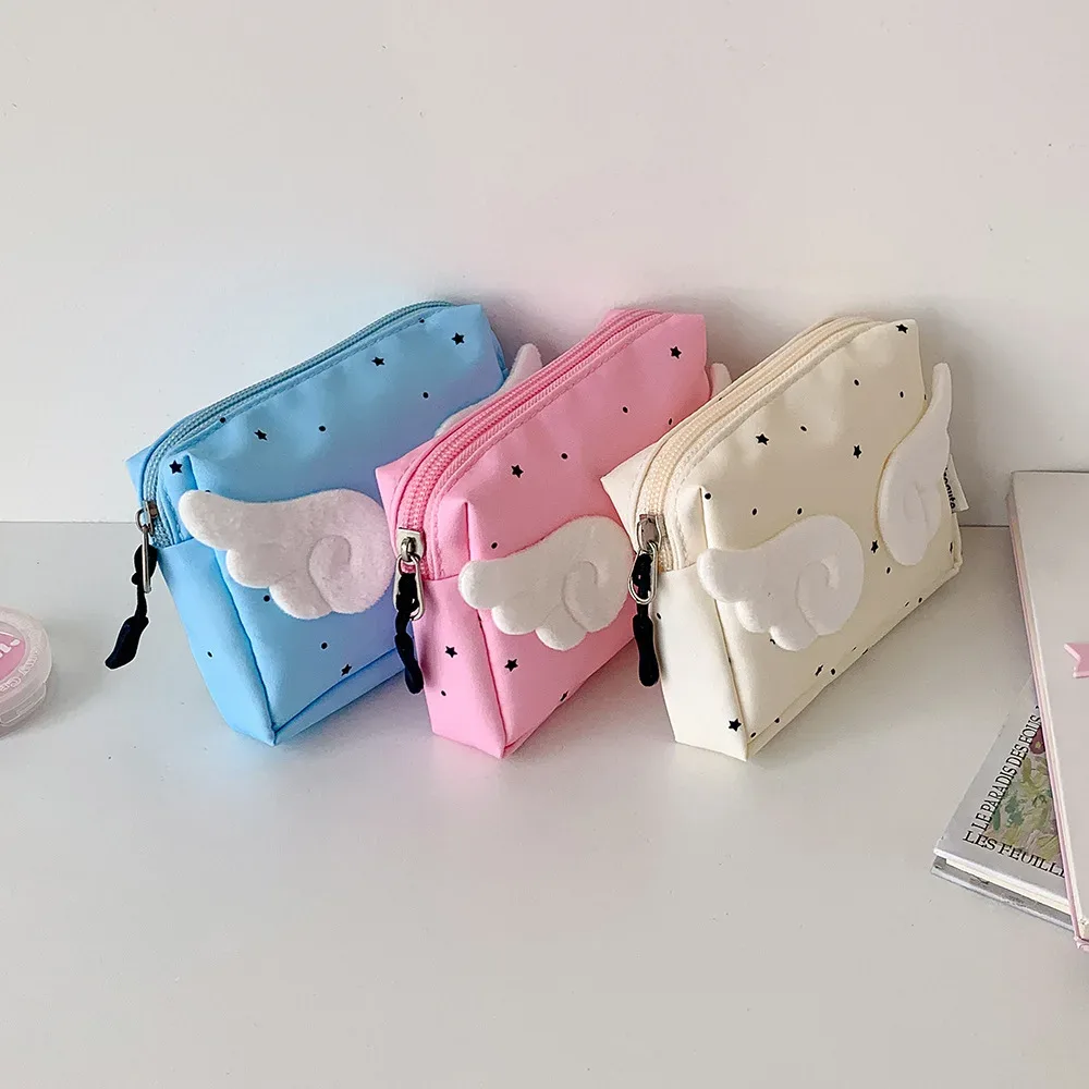 sac à main ailes pour femmes, petite trousse de maquillage, sac de rangement utile, pochette de papeterie, décor d'ange de dessin animé doux, mini sac de poche portable mignon