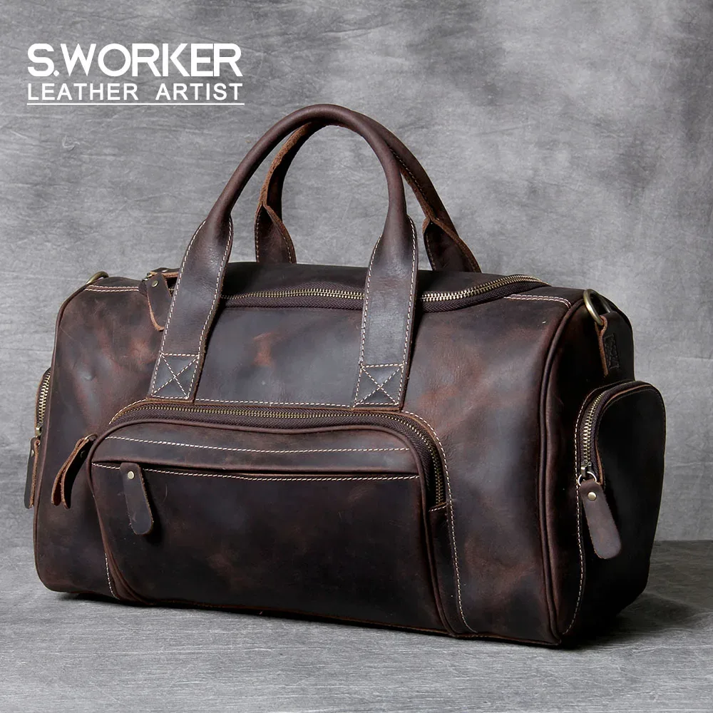 S.WORKER Sac de voyage Vintage en cuir véritable Crazy Horse sac polochon en cuir de vachette sac de week-end pour hommes sac de sport bagage à main