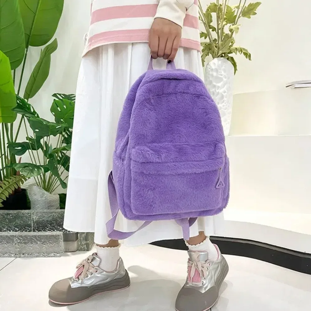nouveau sac femme en peluche léger couleur unie sac à dos étudiant grande capacité sac à dos de voyage en plein air