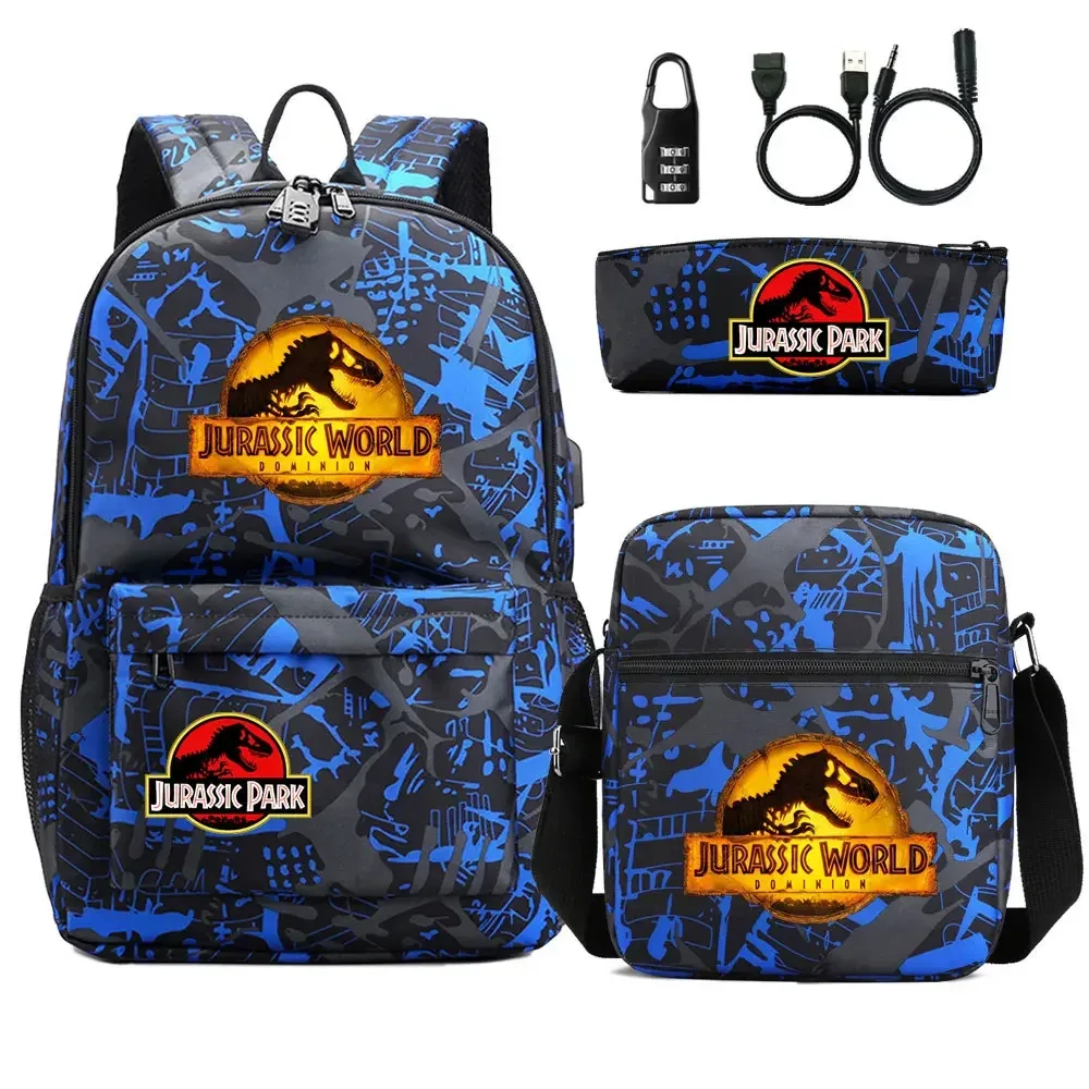 dinosaure jurassic park world 3 pièces usb antivol serrure garçon fille enfants école livre sacs voyage sac à dos sac à bandoulière stylo sac