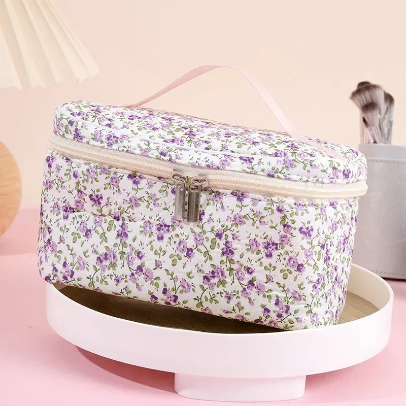 sacs de maquillage en coton pour femmes, trousse à cosmétiques vintage, fourre-tout de grande capacité, sac à main de rangement de cosmétiques portable, sac de rangement de voyage